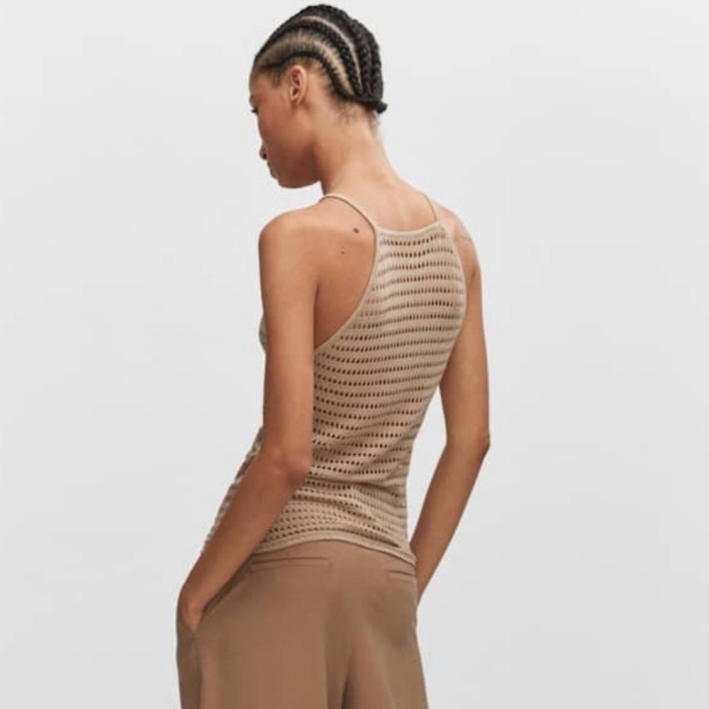 MANGO halter neck top loose knitM beige open crochet NWT